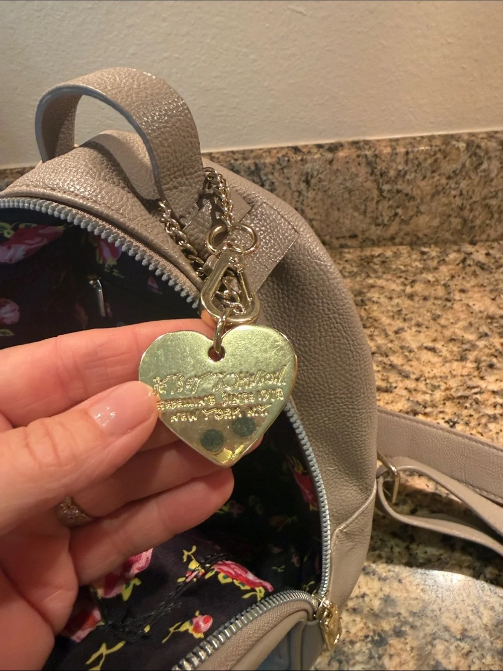Betsy Johnson Heart-Quilted Mini Backpack with Bow - Taupe